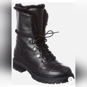 Stuart Weitzman Luge Leather Booties Black Combat Ankle Boots with Fur Lining